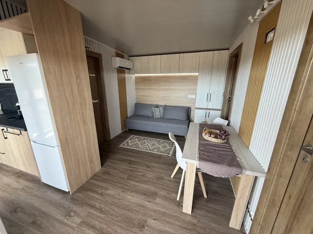 Open living and dining area with sofa bed