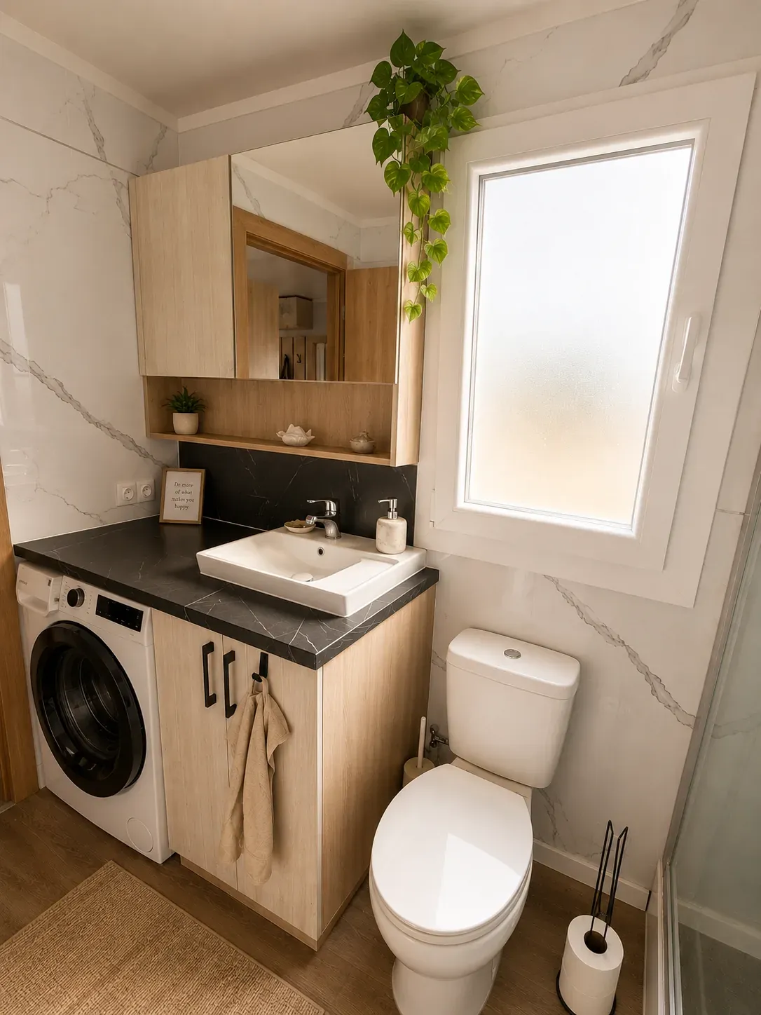 Bathroom vanity with mirror, washing machine and toilet