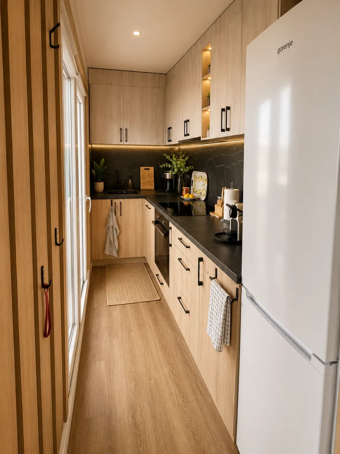 Fully equipped kitchen with fridge, oven and black stone worktop