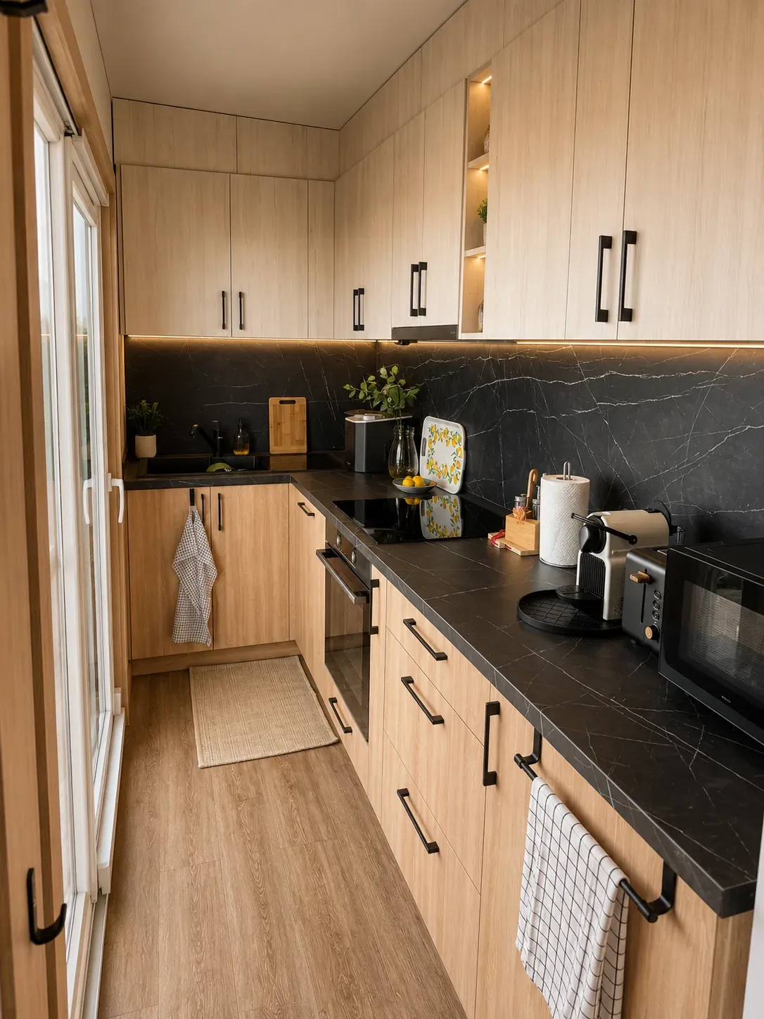 Kitchen with hob, oven, microwave and coffee machine