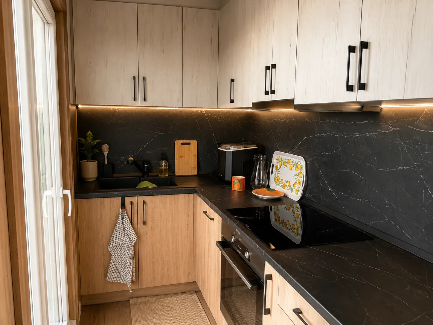 Kitchen corner with sink, induction hob and marble backsplash