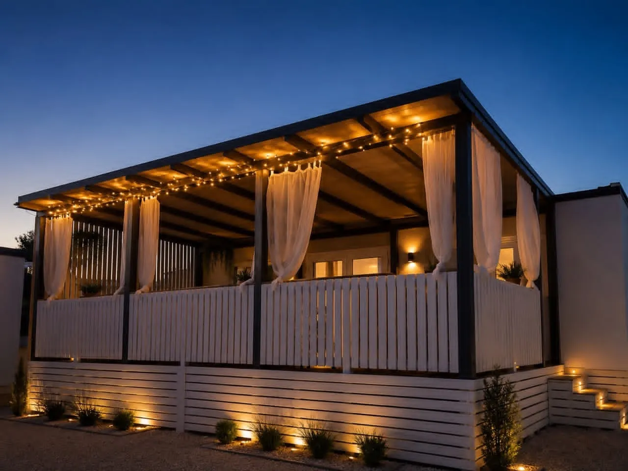 Maja terrace and exterior lighting in the evening