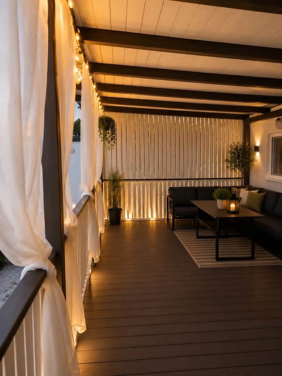 Evening terrace lounge with soft lighting